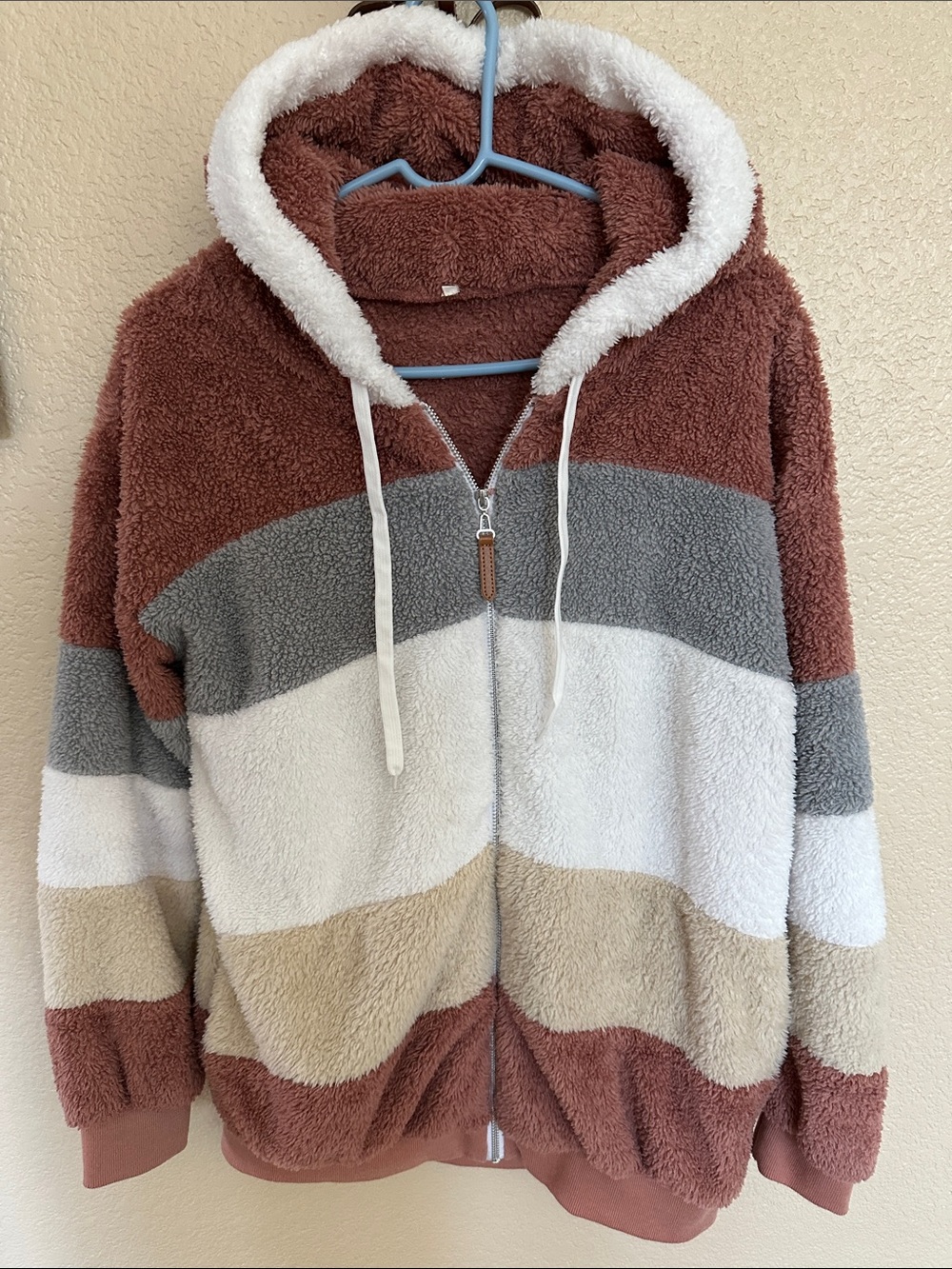 Cozy Colorblock Sherpa Zip Hoodie - Rust, Gray, Cream, Tan, White